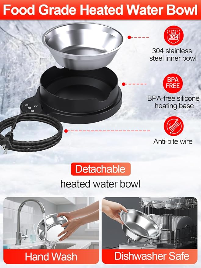 Heated Water Bowl for Outdoor Cats Dogs,100W Thermal Pet Bowl with 3 Temperature Settings and Timer,50oz Heated Dog Water Dish with Removable Stainless Bowl,Heated Bird Bath in Winter for Duck, Chicks