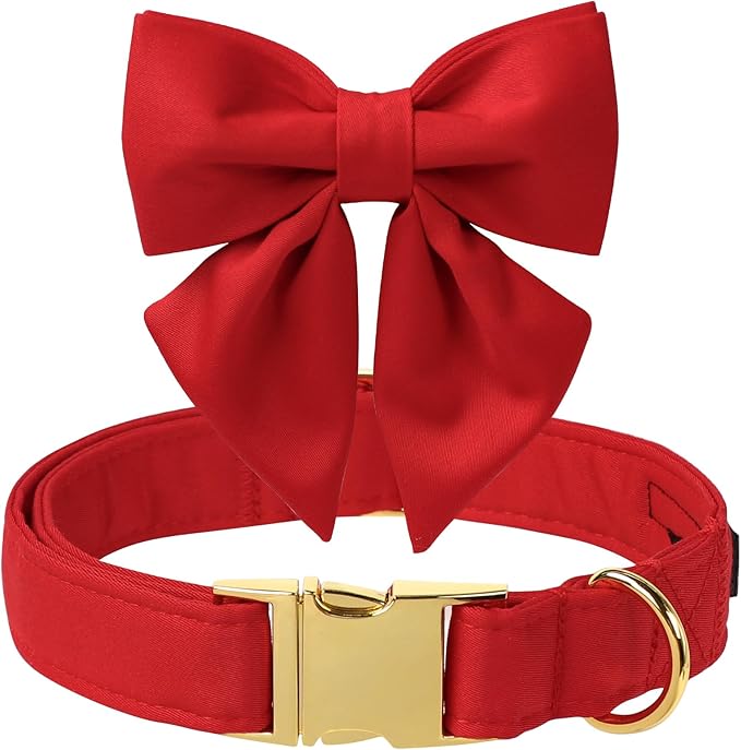 Maca Bates Red Dog Collar with Cute Solid Sailor Bow Tie for Small Girl Boy Dogs,Girly Adjustbale Durable Breakaway Soft Collars with Bowtie for Female Male Puppy,Pet with Metal Buckle