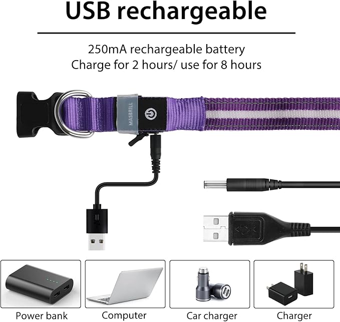 MASBRILL LED Dog Collar - Rechargeable, Lighted, Adjustable for Large Dogs - Purple, Nighttime Walks