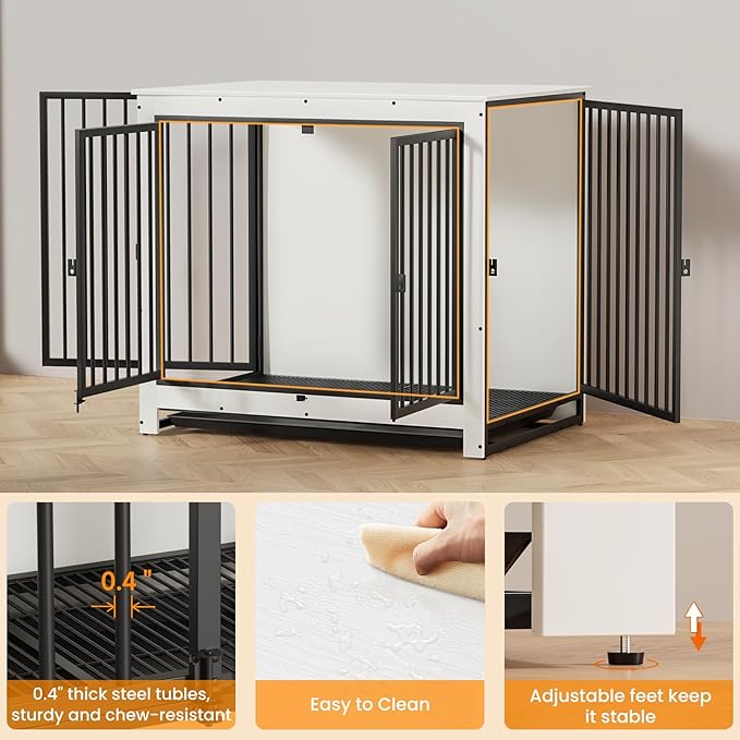 Dog Crate Furniture, 42 InchI ndoor Large Dog Kennel for Medium to Large Dogs Up to 70 LBS, Heavy Duty Wooden Pet Cage End Table with 3 Doors, Alloy Steel Frame & Removable Tray