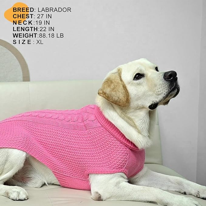 Medium Dog Sweater, Classic Cable Knit Warm Dog Sweatshirt with Reflective Yarn for Girl Boy, Halloween Fall Winter Coat Turtleneck Pullover Clothes Apparel for Small Medium Large Dogs Pink M
