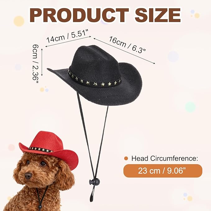Dog Cowboy Hat, Mini Cowboy Hat for Pet with Chin Strap Adjustable Cosplay Cap, (Black, M), Intended for Dogs and Cats/Halloween Costume/Party Decoration