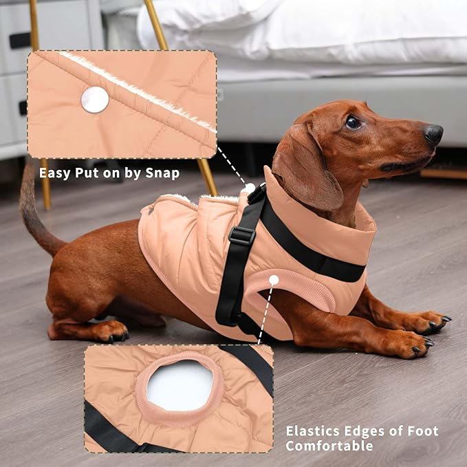 Dog Jacket with Harness,Fleece Lined Warm Puppy Coat for Winter,Soft Windproof Small Dog Vest,LightOrange M