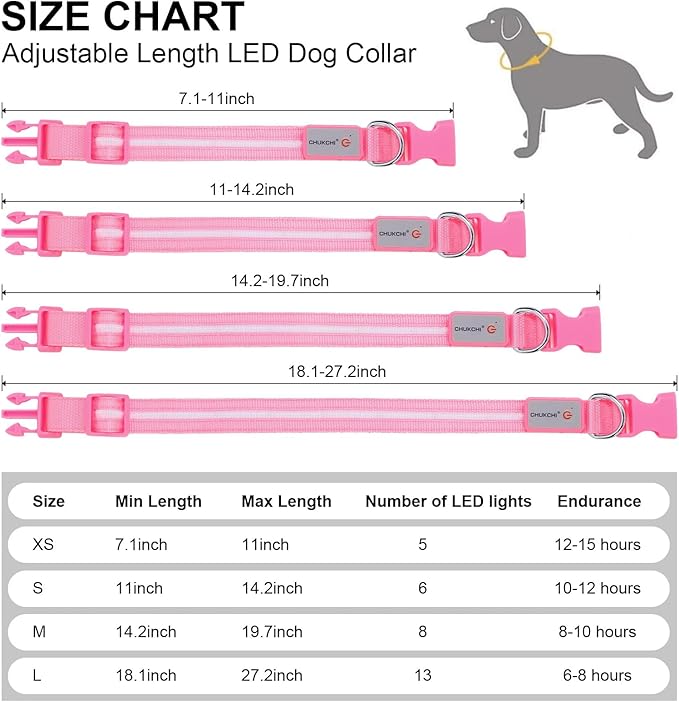 CHUKCHI LED Dog Collar Rechargeable,Waterproof Flashing Collar,Light Up Glow Collar, Adjustable Soft Safety Light Up for Small Medium Large Dogs Walking Camping at Night (Pink-S)