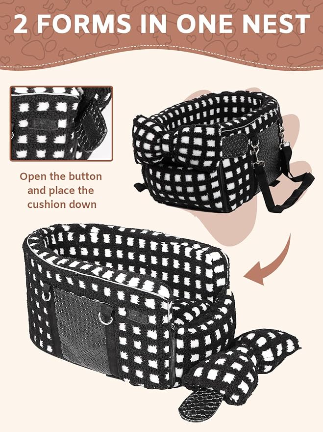 Portable Dog & Cat Car Seat - Under 13 lbs, With Cozy Bow Neck Pillow (Grid-Black)