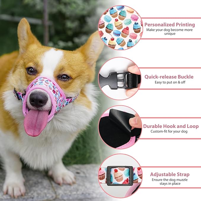 LUCKYPAW Dog Muzzle Anti Biting Barking and Chewing with Comfortable Mesh Soft Fabric and Adjustable Strap, Suitable for Small, Medium and Large Dogs(Pink Cake,XL)