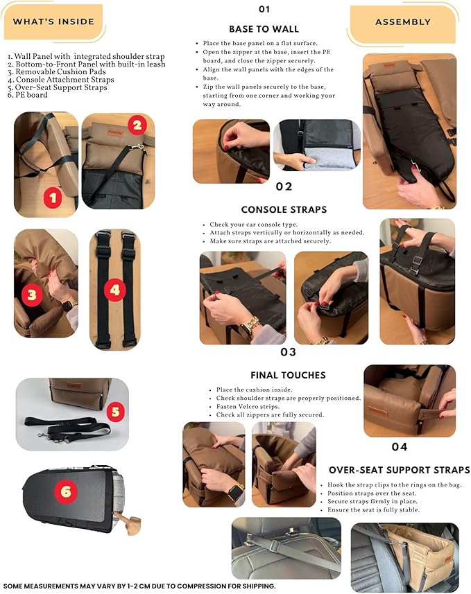 Kumdita' Center Console Car Seat & Carrier for Small Dogs & Cats with Dual Over-Seat Straps, Sewn-in Safety Leash & PE Board Base (Grey)