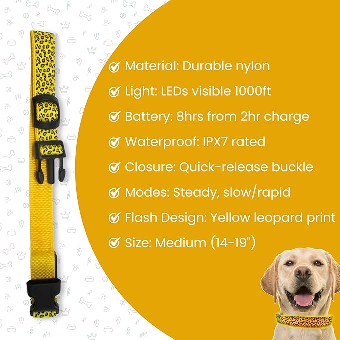 Leopard Dog Collar - Glow in The Dark USB Collar with Rechargeable Battery + Waterproof Design - Light Up Dog Collar - Yellow (Medium Size)