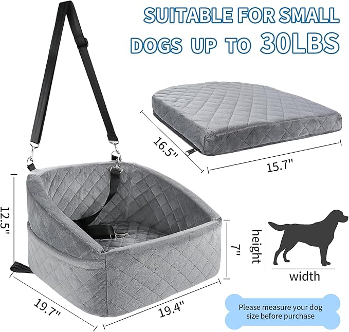 Suitable for Most Vehicles Dog Booster Car Seat for Small Dogs Up to 25-35 Lbs, Fully Detachable & Machine Washable Cover, Adjustable Safety Straps & Leash, Non-Slip Bottom with Storage Pockets（Grey）
