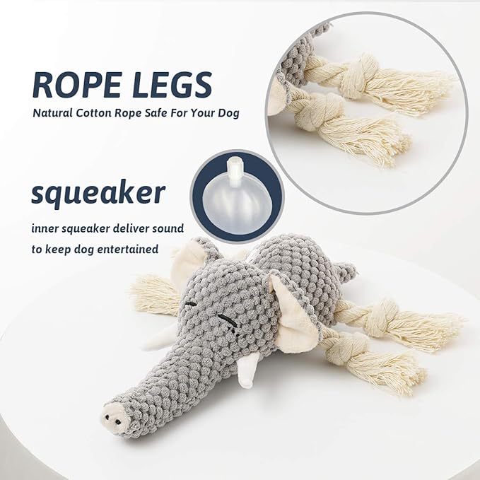 Plush Dog Toy, Squeaky Interactive Puppy Dog Toys with Crinkle Paper, Durable Chew Toys for Small and Medium Dogs with Mouse Shape(Medium, Elephant)