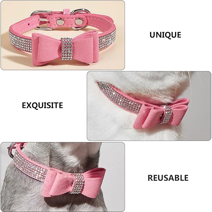 Pet Dog Collar Rhinestone Bowknot, Pink XXS 25X1.5Cm Microfiber Adjustable Outdoor Collar for Puppies and Small Dogs