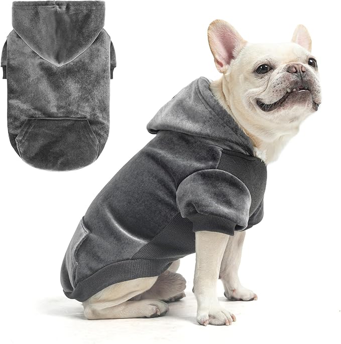 BEAUTYZOO Dog Hoodie Sweaters for Small Medium Dogs- Warm Fall Winter Fleece Jacket for Cold Weather, Soft Velour Hooded Coat with Leash Hole & Pocket, Puppy Sweatshirt Clothes Bulldog Schnauzer, Grey