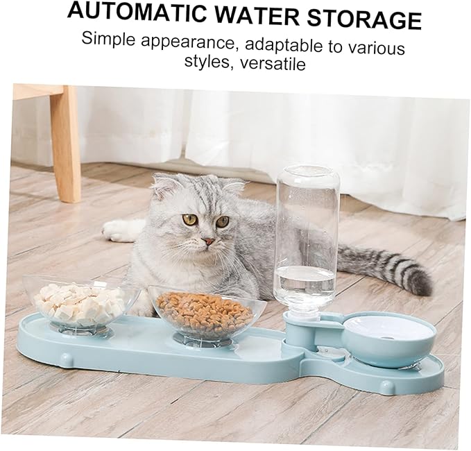 Balacoo Pet Food Holder Tilt Double Bowels Automatic Water Dispenser Bottle Cat Water Feeder Blue