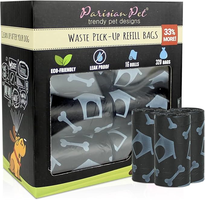 Parisian Pet Ecofriendly Dog Poop Bags Rolls - 320 Count Unscented Poop Bags for Dogs - Leakproof, Extra Thick, 16 Dog Waste Bags Refill Rolls - Printed Dog House Black Doggie Poop Bags