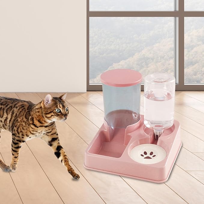 Pet Feeder and Water Dispenser Automatic Bowl for Cats Dogs 1L Water 0.75kg Food Capacity Self-Feeding Station Elevated Design- Pink