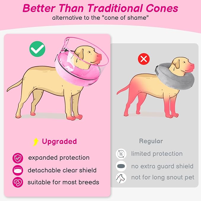 BARKLESS Inflatable Dog Cone, Protective Dog Surgery Collar to Stop Licking Biting Wounds, Patented Soft Donut Cone with Clear Shield, Adjustable Blow-up Collar for Surgery (Pink, L (Neck: 14"-18"))