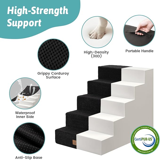 Dog Stairs for Small Dogs 5-Step, 19.7" Extra Wide Right-Angle Pet Stairs for Couch and Beds, Anti-Slip Dog Steps for Old Cats and Lowrider, 19.7x29.5x23.6 inch, Black
