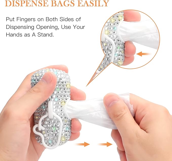 SAVORI Dog Poop Bag Holder Bling Crystal Dog Waste Bags Dispenser for Pet Dog Doggy with Carabiner Clip Includes 1 Roll 15 Bags (White)