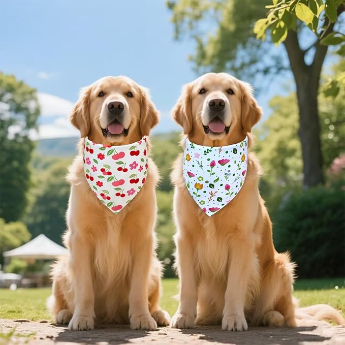 Floral Dog Bandanas 2-Pack for Medium to Large Dogs 14-18" Neck - Reversible Plaid Scarf, Pink Green Pet Accessory for Spring Summer