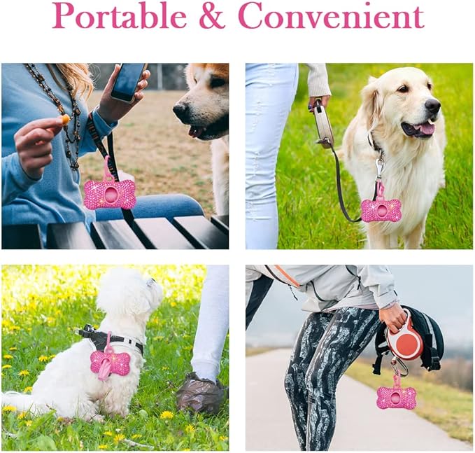 SAVORI Dog Poop Bag Holder Bling Crystal Dog Waste Bags Dispenser for Pet Dog Doggy with Carabiner Clip Includes 1 Roll 15 Bags (Hot Pink)