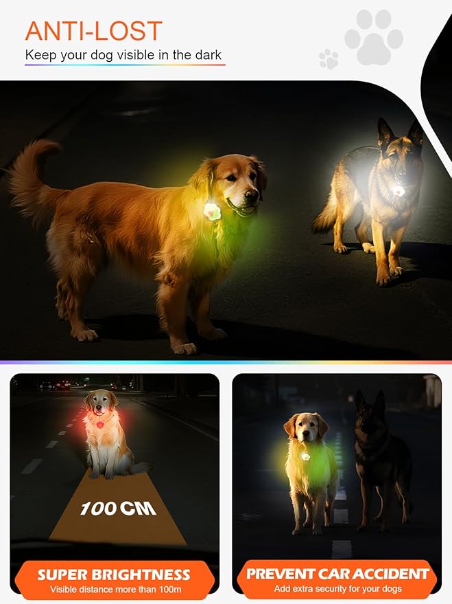 Lekereise Dog Lights for Night Walking, 6 Modes IPX5 Waterproof Dog Collar Lights Up Clip on, Rechargeable LED Pet Harness Collar Light Glow in The Dark Nighttime Camping Bike Accessories