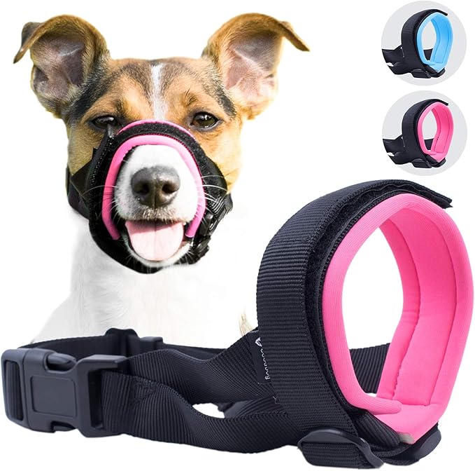 Gentle Muzzle Guard for Dogs - Prevents Biting and Unwanted Chewing Safely Secure Comfort Fit - Soft Neoprene Padding – No More Chafing – Training Guide Helps Build Bonds with Pet (M+, Pink)