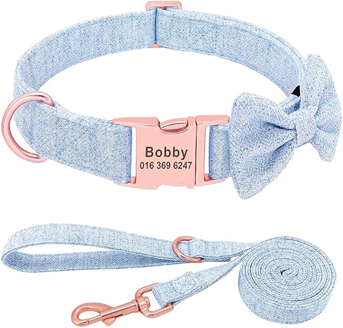 Fashion Personalized Dog Collar Custom Nylon Dog Collars Engraved Name ID Adjustable for Small Medium Large Dog Chihuahua Bownot Set Blue M