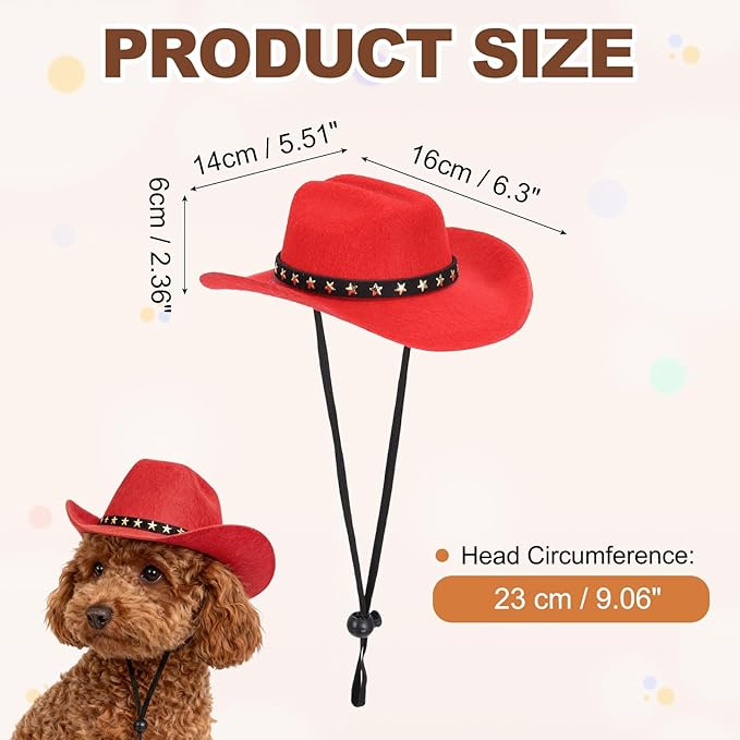 Dog Cowboy Hat, Mini Cowboy Hat for Pet with Chin Strap Adjustable Cosplay Cap, (Red, M), Intended for Dogs and Cats/Halloween Costume/Party Decoration