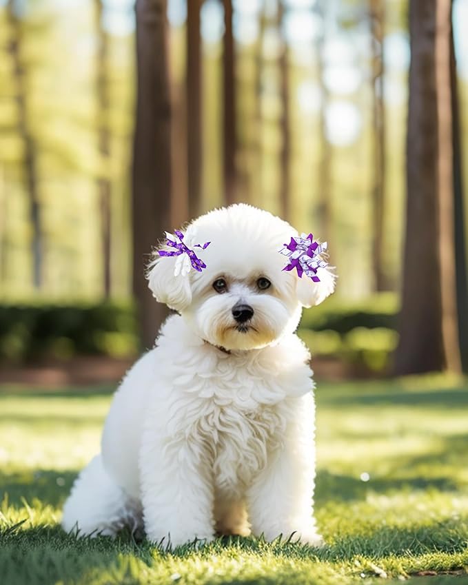 PET SHOW 20 Pack/10 Pairs Purple Curly Dog Hair Bows with Rubber Bands for Small Medium Dogs Girl Boy Spiral Puppy Swirl Topknot Cat Holiday Hair Accessories Pet Favor Gift(Purple)