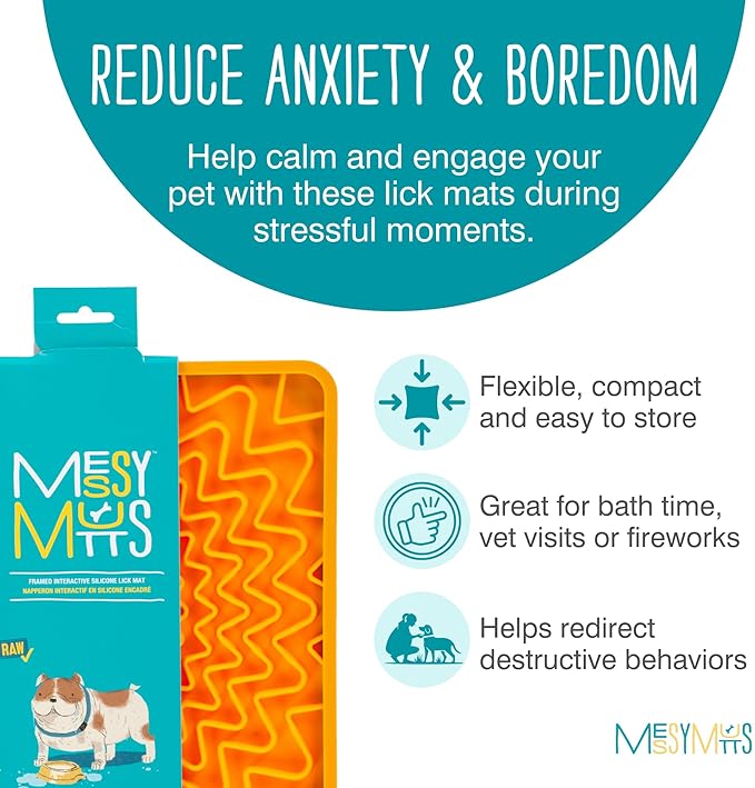 Messy Mutts Framed Silicone Therapeutic Licking Mat | 9.5" x 9.5" | Slow Feeder Mat for Boredom & Anxiety | Lick Pad for Dogs & Cats | Orange