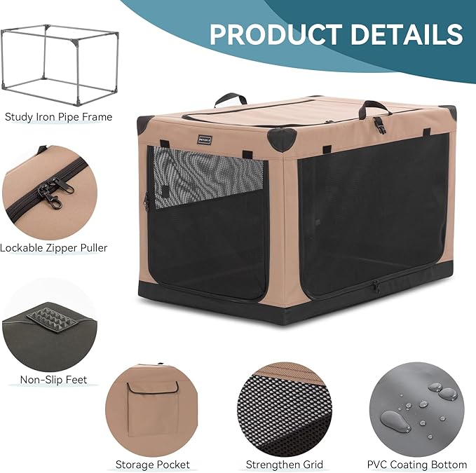 PETSFIT Portable Dog Crate, with Patented Adjustable Fabric Cover, Chewproof & Lockable Mesh Doors, Waterproof Base Collapsible Kennel Khaki 30 Inch