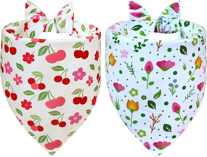 Floral Dog Bandanas 2-Pack for Small to Medium Dogs 9-14" Neck - Reversible Plaid Scarf, Pink Green Pet Accessory for Spring Summer