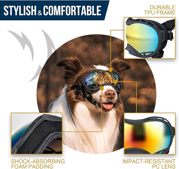 OneTigris Dog Goggles, Dog Sunglasses for Large Dogs with Adjustable Strap UV Protection, Windproof, Suitable for Medium Large Breed, Dogs Eyes Protection