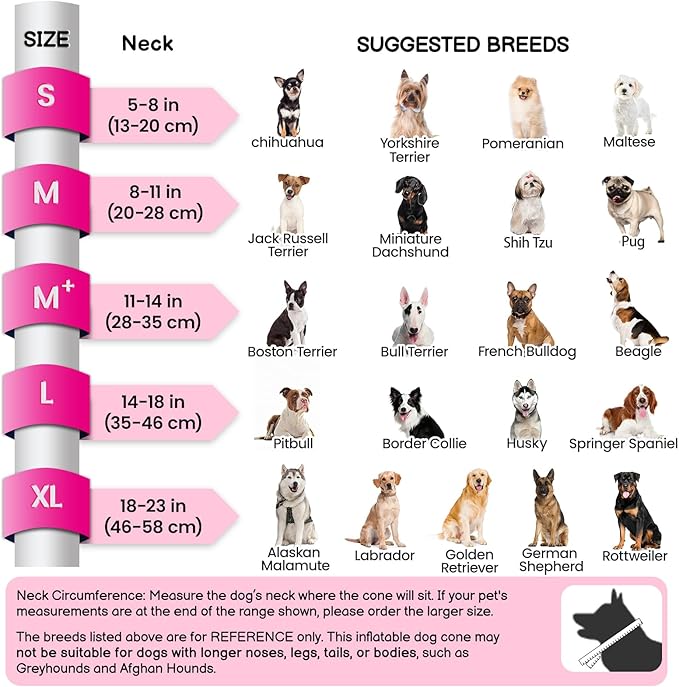 BARKLESS Inflatable Dog Cone, Protective Dog Surgery Collar to Stop Licking Biting Wounds, Patented Soft Donut Cone with Clear Shield, Adjustable Blow-up Collar for Surgery Recovery (Pink, M+)
