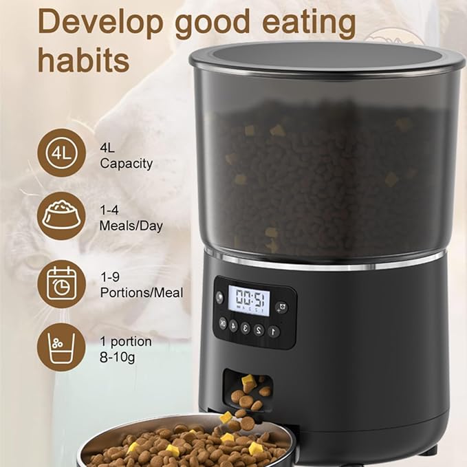 Automatic Cat Food Dispenser, Regular and Quantitative Feeding Through Intelligent APP Pet Supplies for Cat & Dog, Safe & Durable Easy to Clean, 4L Auto Cat Feeder (Black)