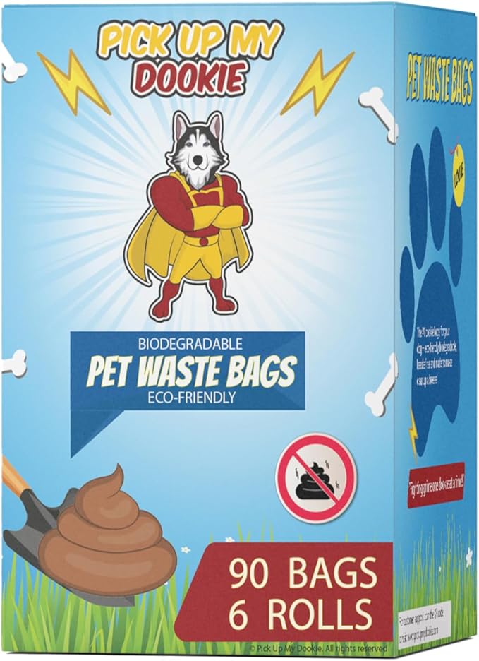 Pick Up My Dookie Pet Waste Bags, Blue Box with Cartoon Design, 90 Bags, 6 Rolls, Standard 9x13 Inch Size