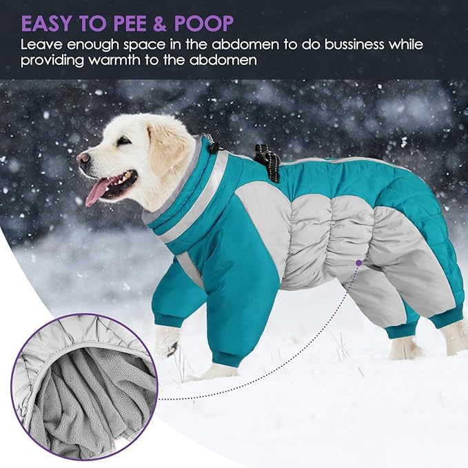 SUNFURA Full Body Dog Coat - Warm Fleece Jacket for Large Dogs, Turtleneck Winter Coats with Harness, Reflective Windproof Dog Snowsuit with Legs for Labrador,Golden Retriever, Turquoise 2XL
