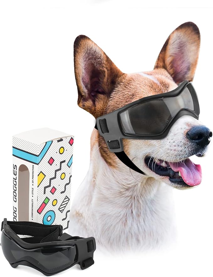PETLESO Dog Goggles Small Breed, UV Protection Dog Sunglasses for Medium Dog Outdoor Riding Driving, Medium Black