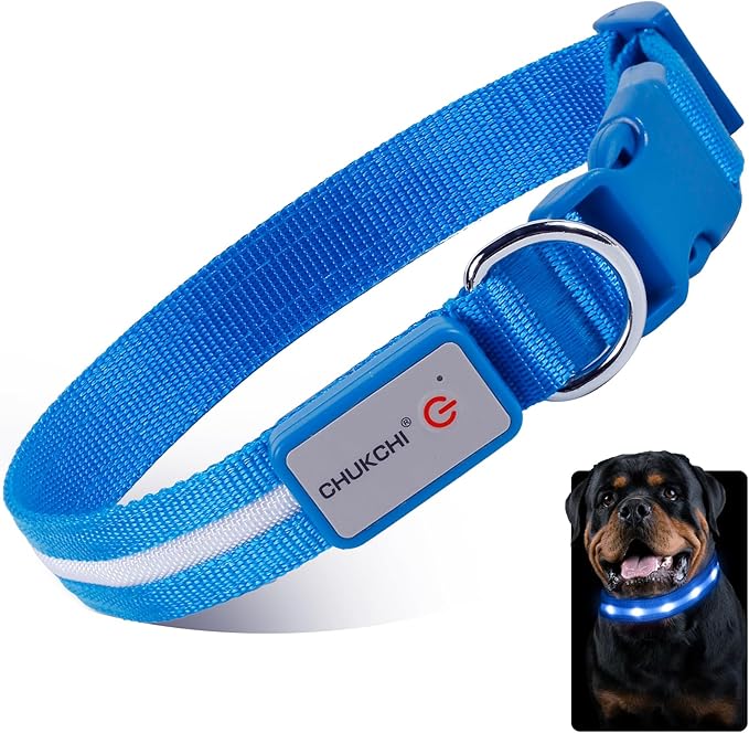 CHUKCHI LED Dog Collar Rechargeable,Waterproof Flashing Collar,Light Up Glow Collar, Adjustable Soft Safety Light Up for Small Medium Large Dogs Walking Camping at Night (Blue-L)