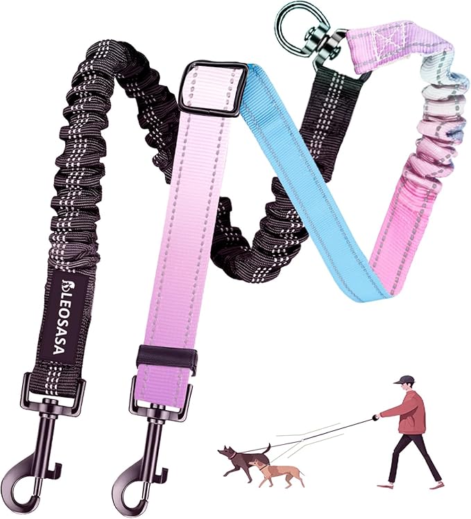 Double Dog Leash for Two Dogs - Gradient Color No Tangle Swivel Dog Coupler with Heavy Duty Clip, Size Adjustable Bungee Leash Attachment for Small, Medium, Large 2 Dogs, Style 4