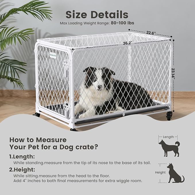 Gardner Pet 36 Inch Collapsible Diamond Mesh Dog Kennel, No Assembly Metal Dog Crate with 4 Lockable Wheels,Removable Tray,Portable Dog cage for Medium Dogs(80-100 lbs) Indoor Outdoor Use