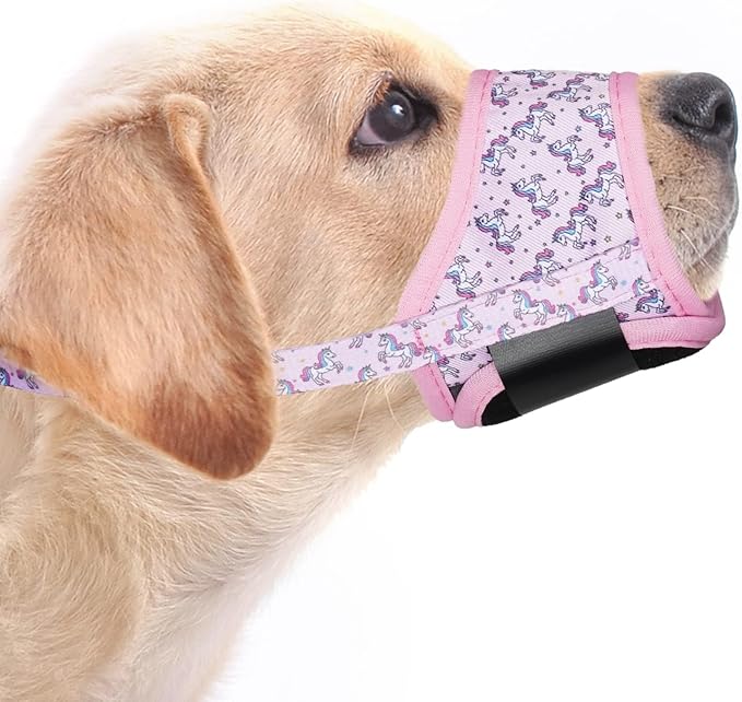 LUCKYPAW Dog Muzzle Anti Biting and Chewing with Comfortable Mesh Soft Fabric and Adjustable Strap, Suitable for Small, Medium and Large Dogs(Pink Unicone,L)