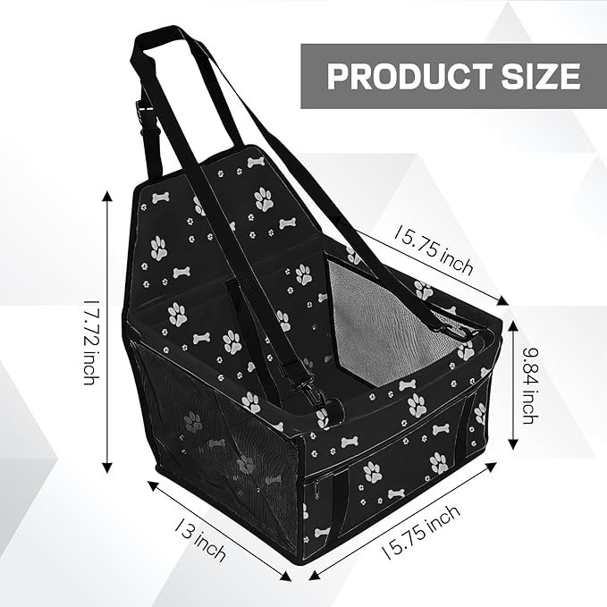 Wuyaoyao Pet Car Seat, Waterproof Breathable Oxford Cat Dog Car Booster Seat for Small Pets, Foldable Portable Vehicle Puppy Travel Basket with Seatbelt & Support Rod, for Pet Up to 22 lbs (Black)