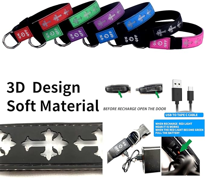 LED Dog Collar, USB Rechargeable, 15 Light Modes, Multi-Color Cross Pattern (Pink, L(15.7-19.7"))