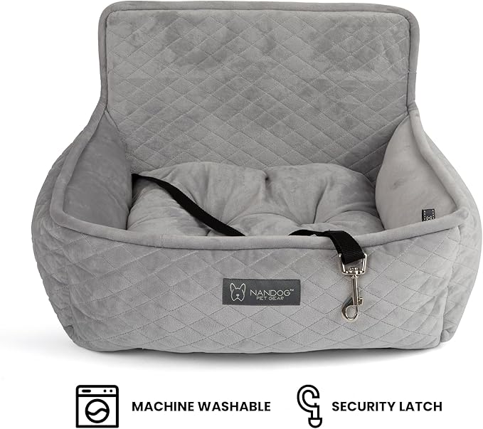 Nandog Pet Gear Luxury Dog Car Seat Bed w/Removable & Washable Pad Insert & Thick Car Seatbelt Straps - Secure, Comfortable, Easy-to-Clean Pet Carrier (Light Grey, 18" L x 16" W in)