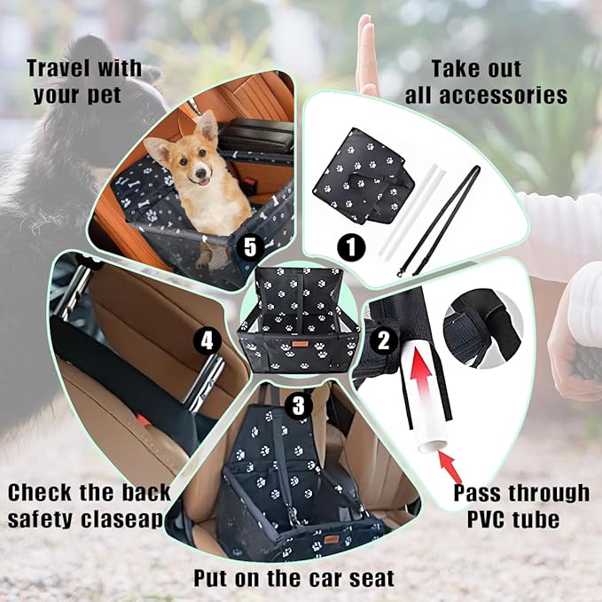 Dog Car Seat for Small Dogs Under 30 lbs - Easy to Clean, Dirt Resistant & Anti-Scratch Durable with Storage Pockets, Compatible with Dog seat Belt, Cold Pat Optional(Black+pat)