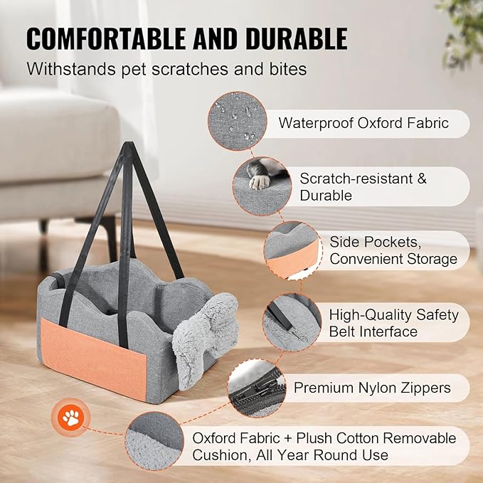 Pet Car Seat for Small Dogs, Oxford Fabric Console Booster with Safety Leash, Dark Gray, Fits Pets up to 8lbs, 17.72x10.63x9.06 Inches