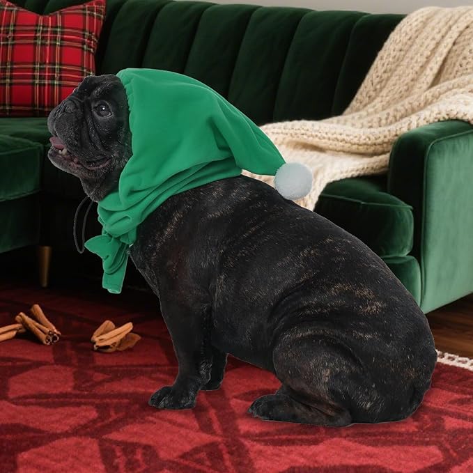 DENTRUN Dog Hood with Scarf - Warm Fleece Ear Cover for Medium Dogs, Adjustable Christmas Outfit with Pom Pom, Green (M:10-13" Head Girth)