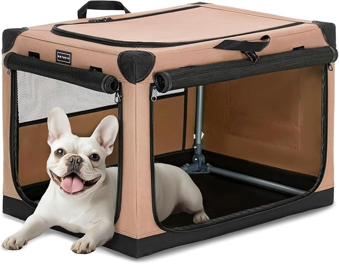 PETSFIT Portable Dog Crate, Soft Sided Dog Crate - 26 Inch Lightweight, Easy Setup, Sturdy Dog Travel Crate, Adjustable Framework with 3 Mesh Door, Collapsible Dog Kennel Khaki