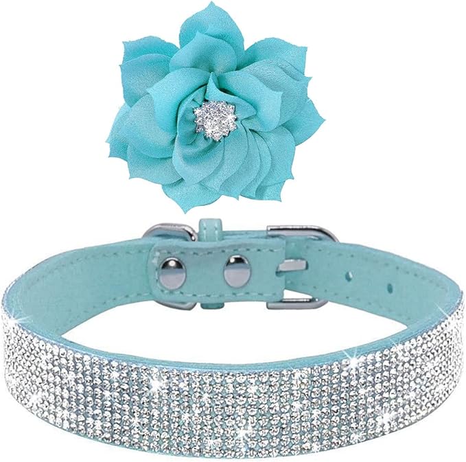 Rhinestone Dog Collar, Cute Dazzling Sparkling Soft Suede Leather Dog Cat Rhinestone Collar Crystal Diamond Pet Dog Puppy Collar (Blue5, M)